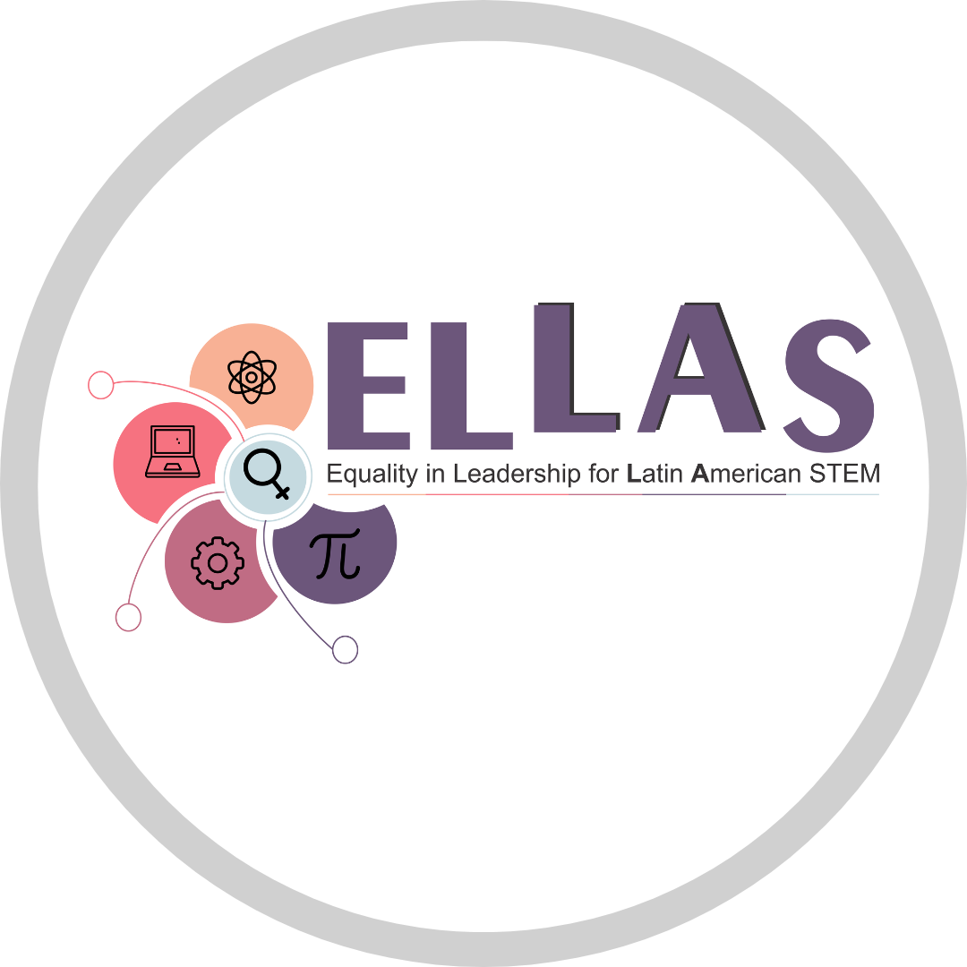 Descrição da logomarca do ELLAS: a sigla ELLAS está disposta na área central da imagem, a cor da logo é roxa Abaixo da sigla é possível ler seu significado Equality in Leadership for Latin American STEM Ao lado esquerdo da sigla existem diversos elementos gráficos que representam a área STEM: Átomo, Laptop, engrenagem e o símbolo do número Pi. Cada um se encontra dentro de uma Pétala de flore e ao centro o simbolo do sexo feminino unindo todos os elementos, assim formando uma flor.